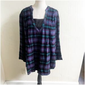 Women Within Plaid Popover Flannel Size 22/24 1X Purple Black Babydoll Fit Cabin